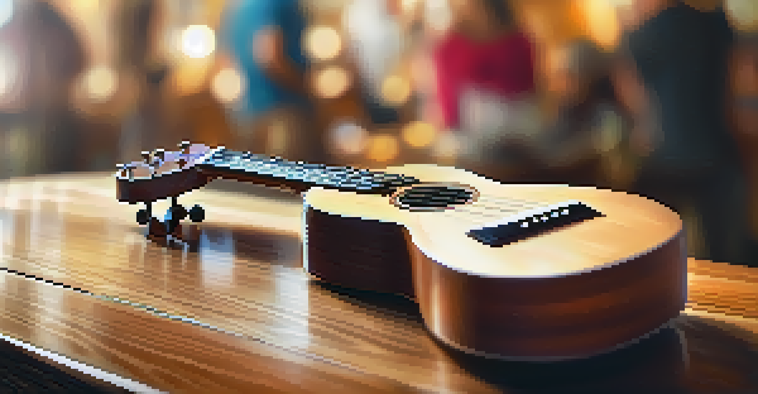 A close-up of a polished ukulele on a wooden table with soft lighting, evoking a warm atmosphere of a charity event.