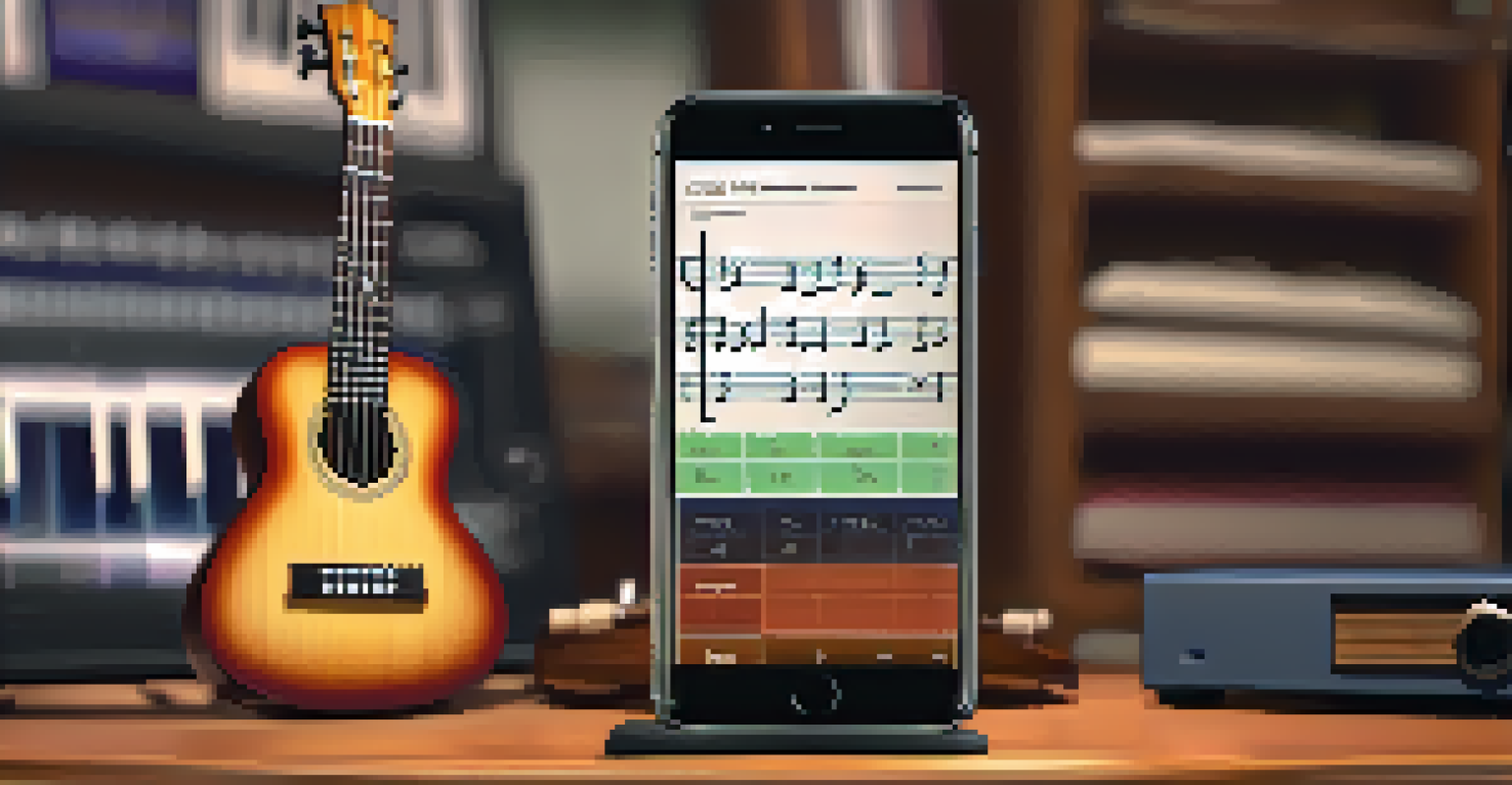 A smartphone screen showing a ukulele music app interface with a chord chart, set in a cozy room environment.