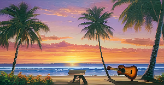 A small ukulele on a wooden table at a Hawaiian beach during sunset, with palm trees and colorful sky in the background.