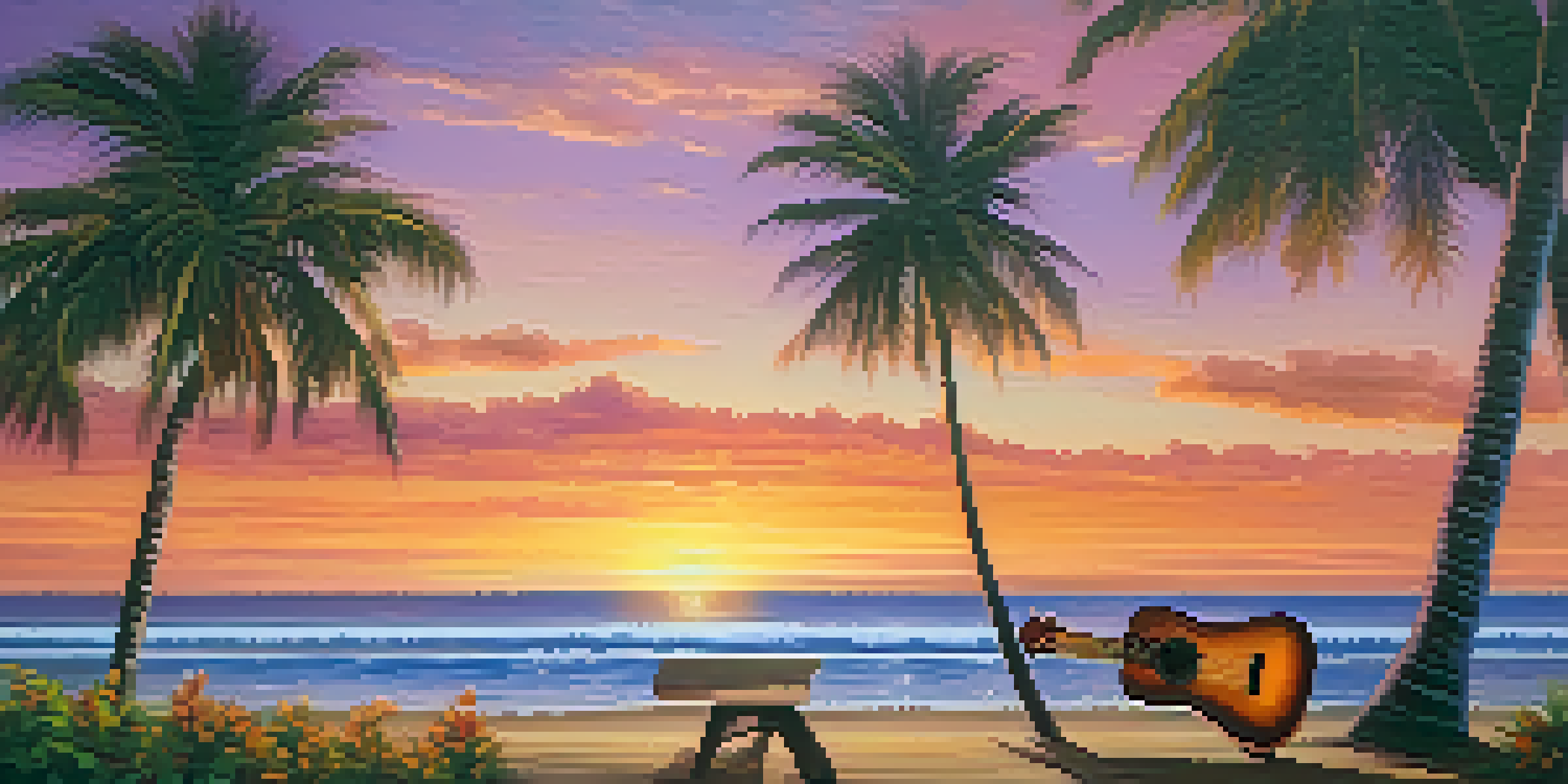 A small ukulele on a wooden table at a Hawaiian beach during sunset, with palm trees and colorful sky in the background.
