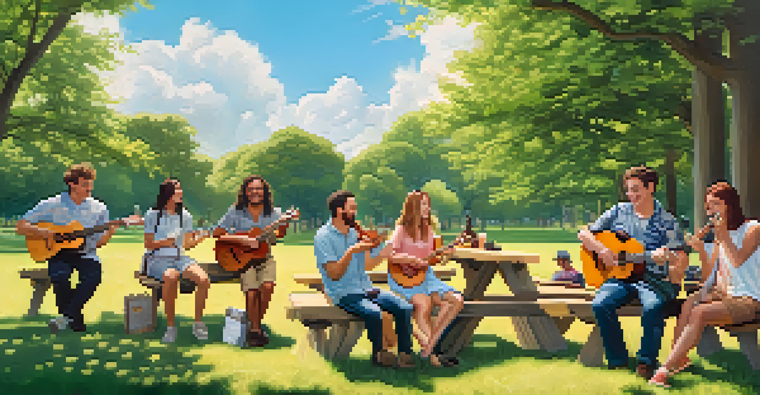 A group of friends happily tuning their ukuleles together at a picnic table in a park, surrounded by greenery and a clear sky.