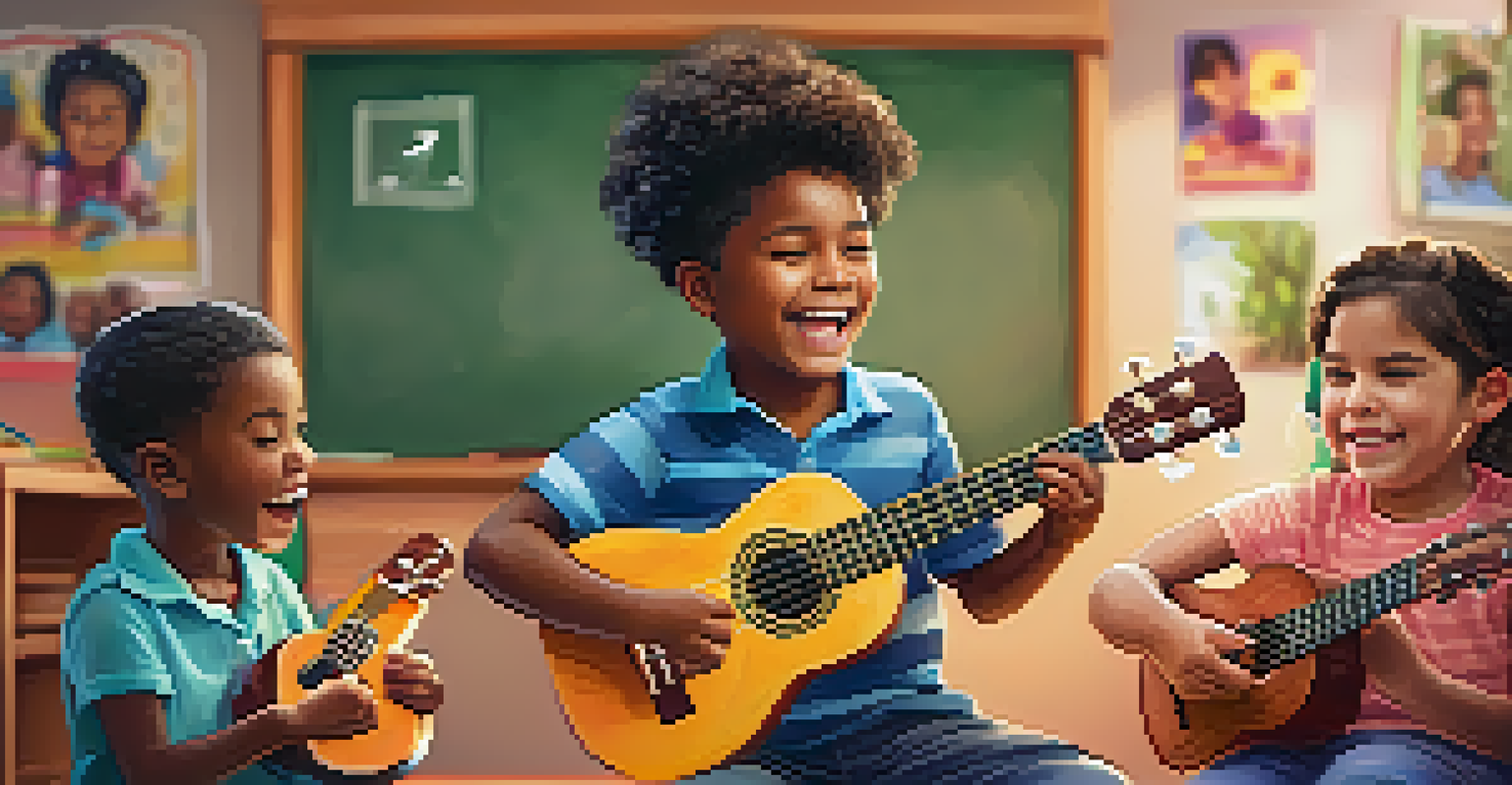A group of children enjoying a music lesson with ukuleles in a colorful classroom.