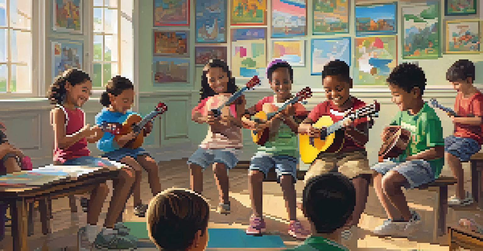 Children in a bright classroom learning to play the ukulele, with a teacher guiding them and colorful decorations around.