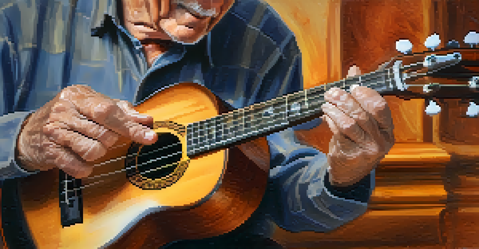 Close-up of a senior man's hands playing a ukulele, highlighting the strings and wooden texture.