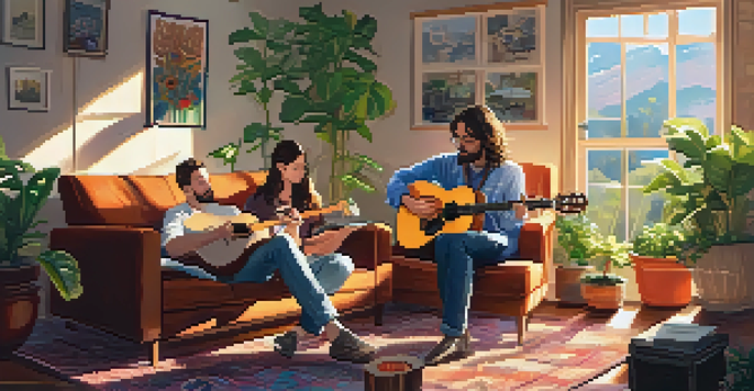 Two musicians in a sunlit living room, one playing a ukulele and the other writing lyrics, surrounded by plants and colorful decor.