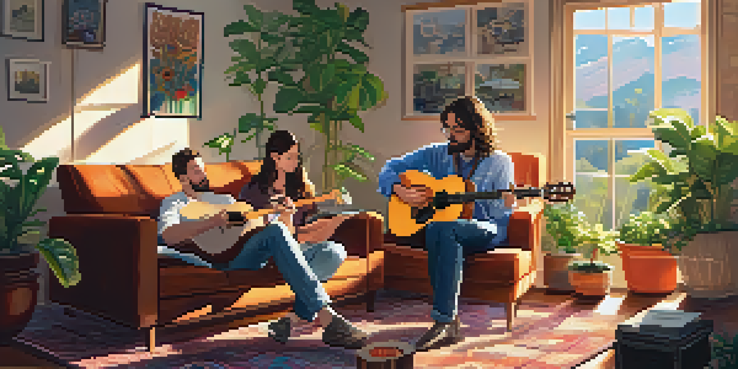 Two musicians in a sunlit living room, one playing a ukulele and the other writing lyrics, surrounded by plants and colorful decor.