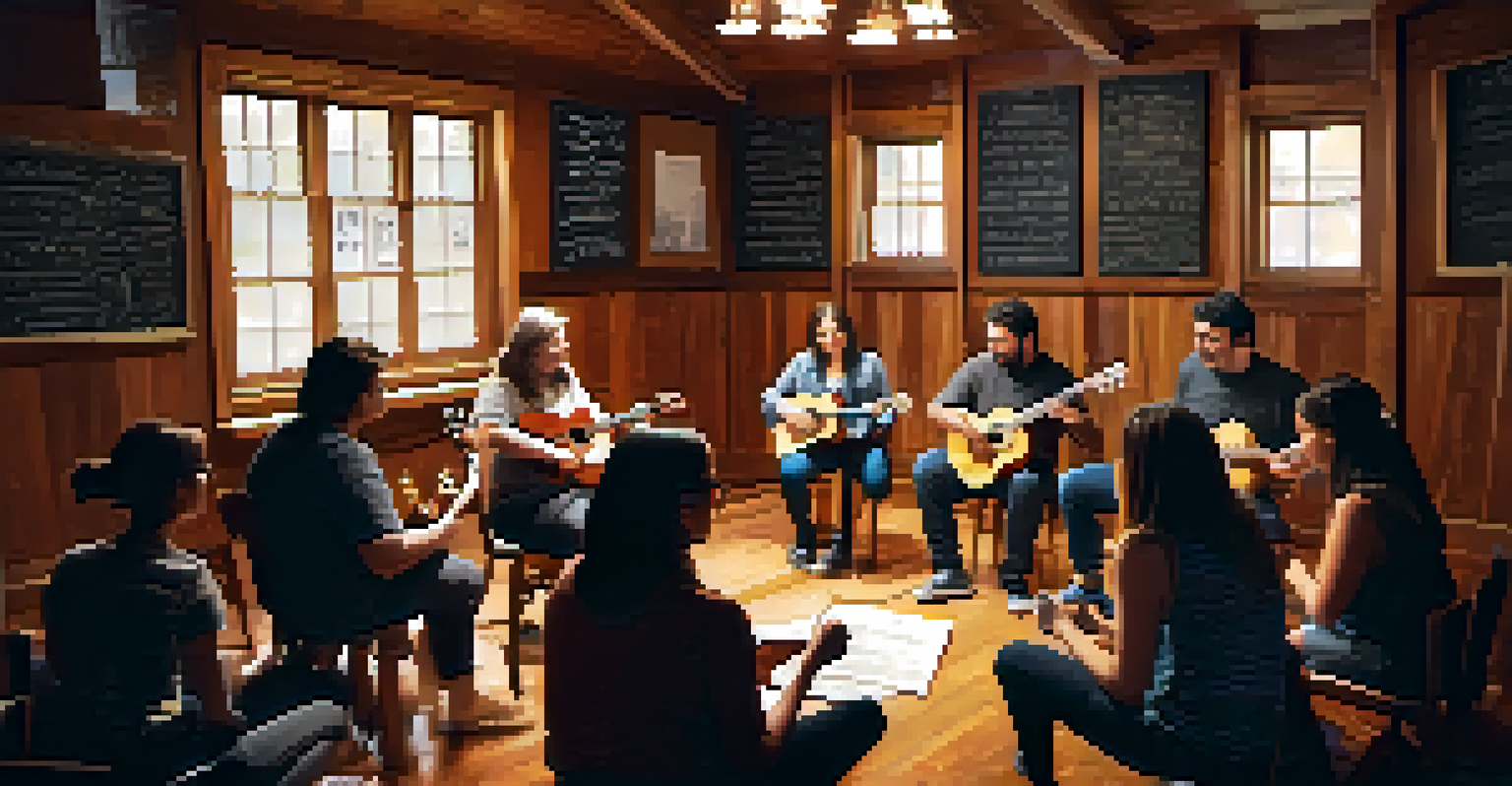 A group of people participating in a ukulele songwriting workshop, surrounded by music sheets and a chalkboard in a warmly lit room.