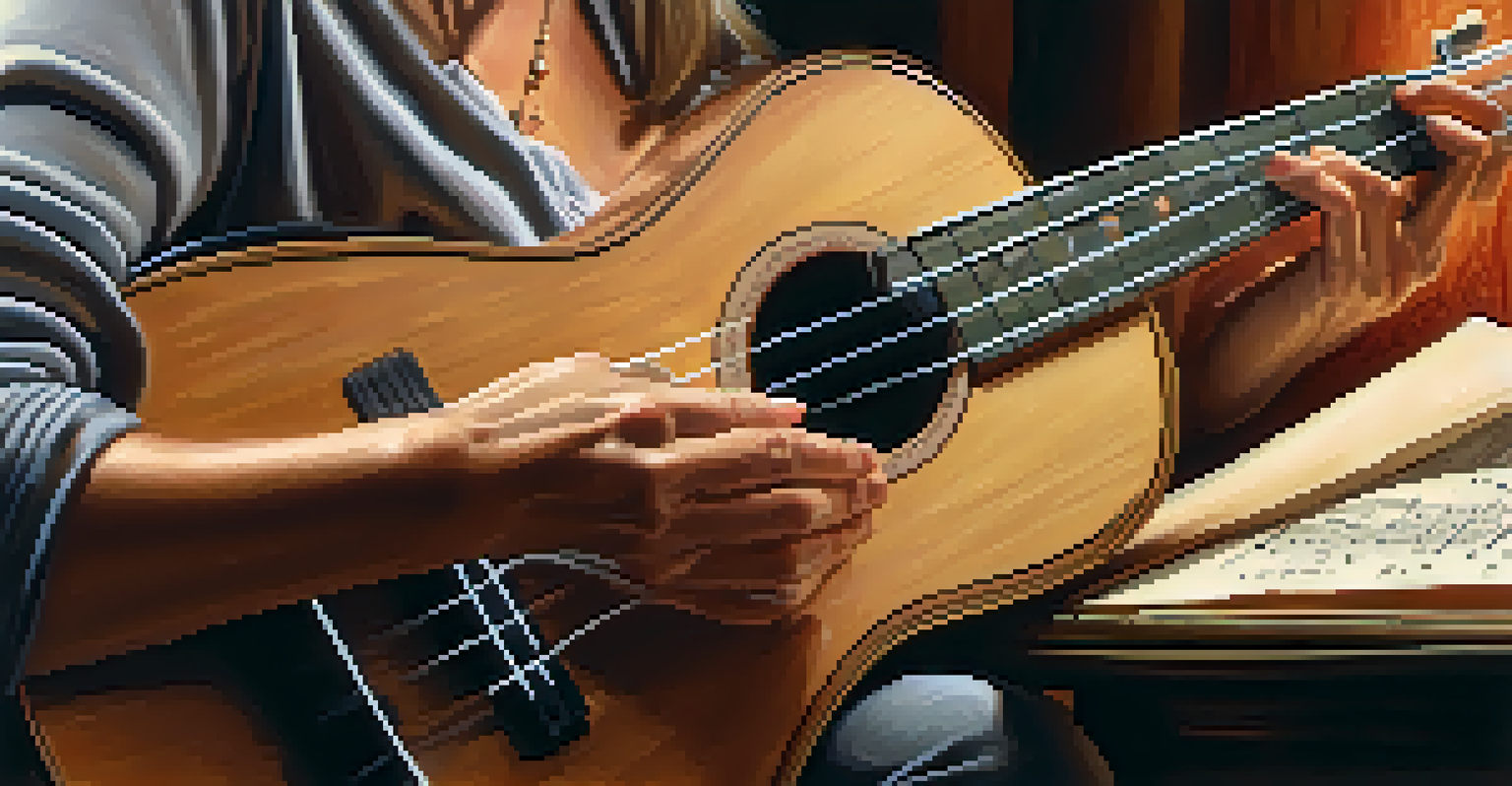 Close-up of a senior woman's hands strumming a ukulele with sheet music in front of her, illuminated by a warm lamp light.