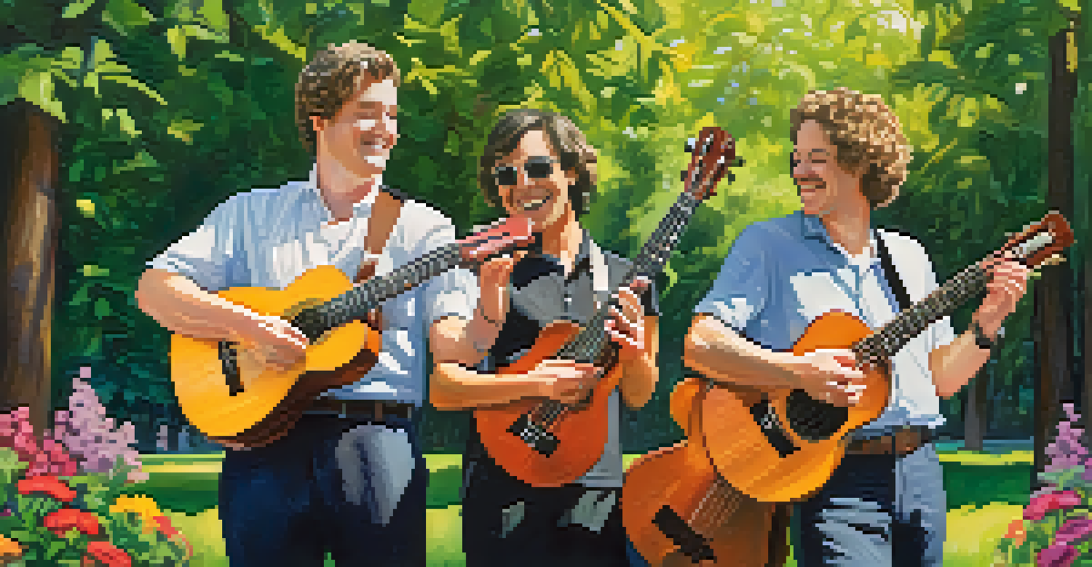 A group of musicians playing various sizes of ukuleles in a sunny park surrounded by greenery and flowers.