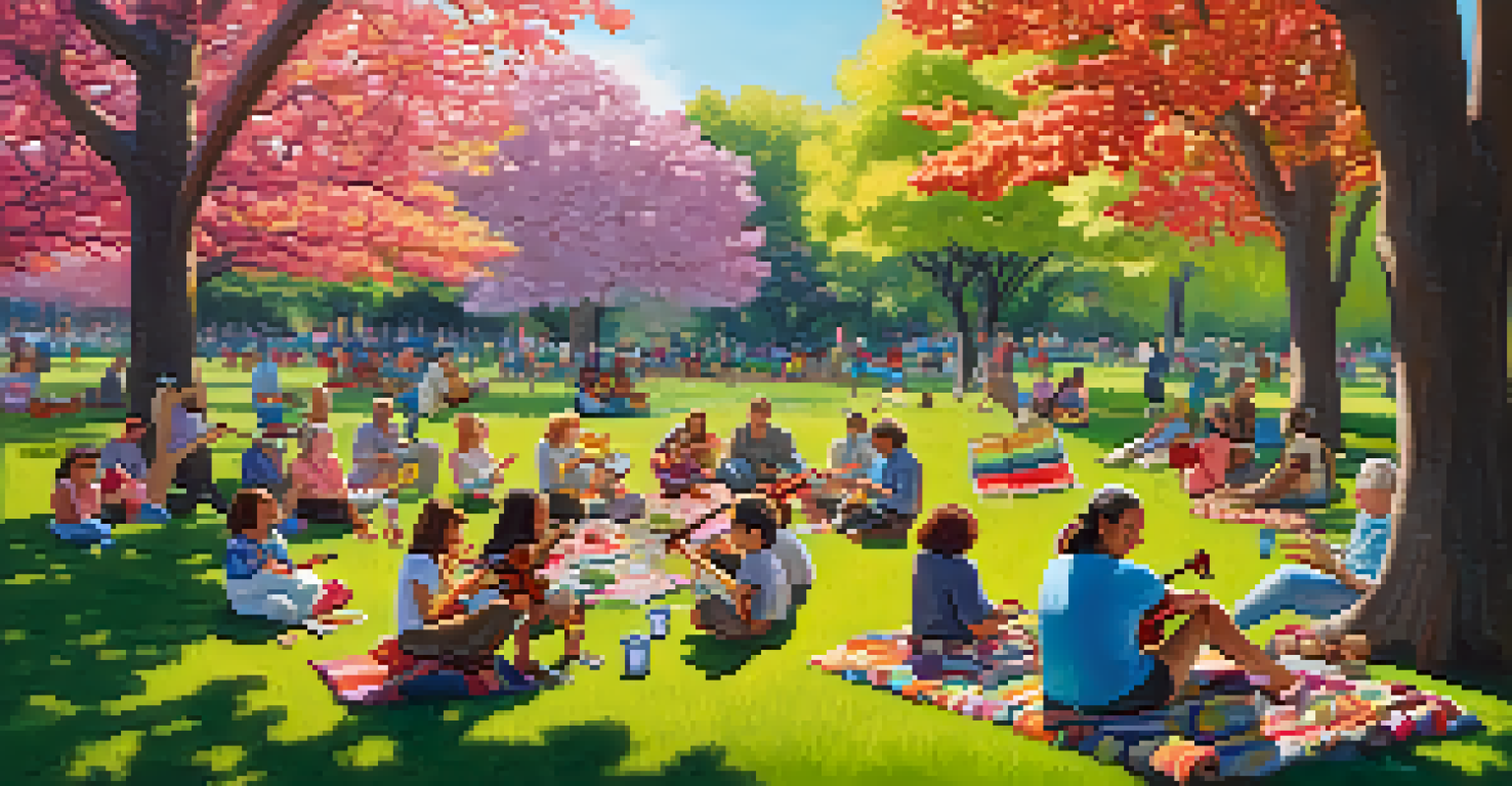 A diverse group of people playing ukuleles together in a park, surrounded by trees and flowers.