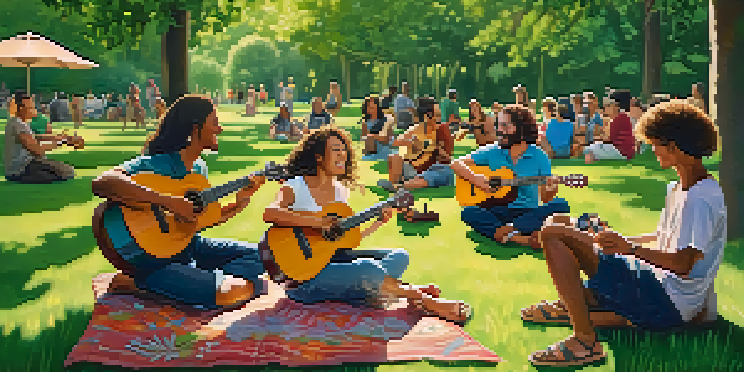 A diverse group of people sitting in a circle, playing ukuleles in a sunny park surrounded by trees.