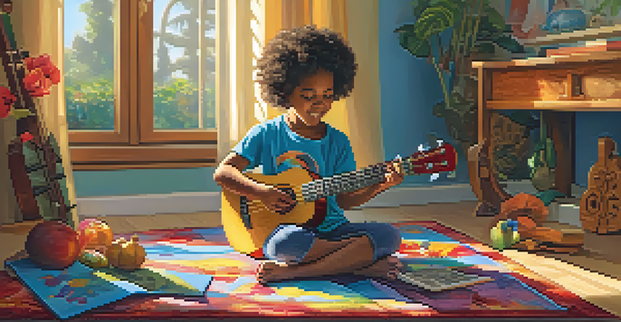 A child happily playing a soprano ukulele on a colorful rug, with sunlight streaming through a window and musical notes around them.