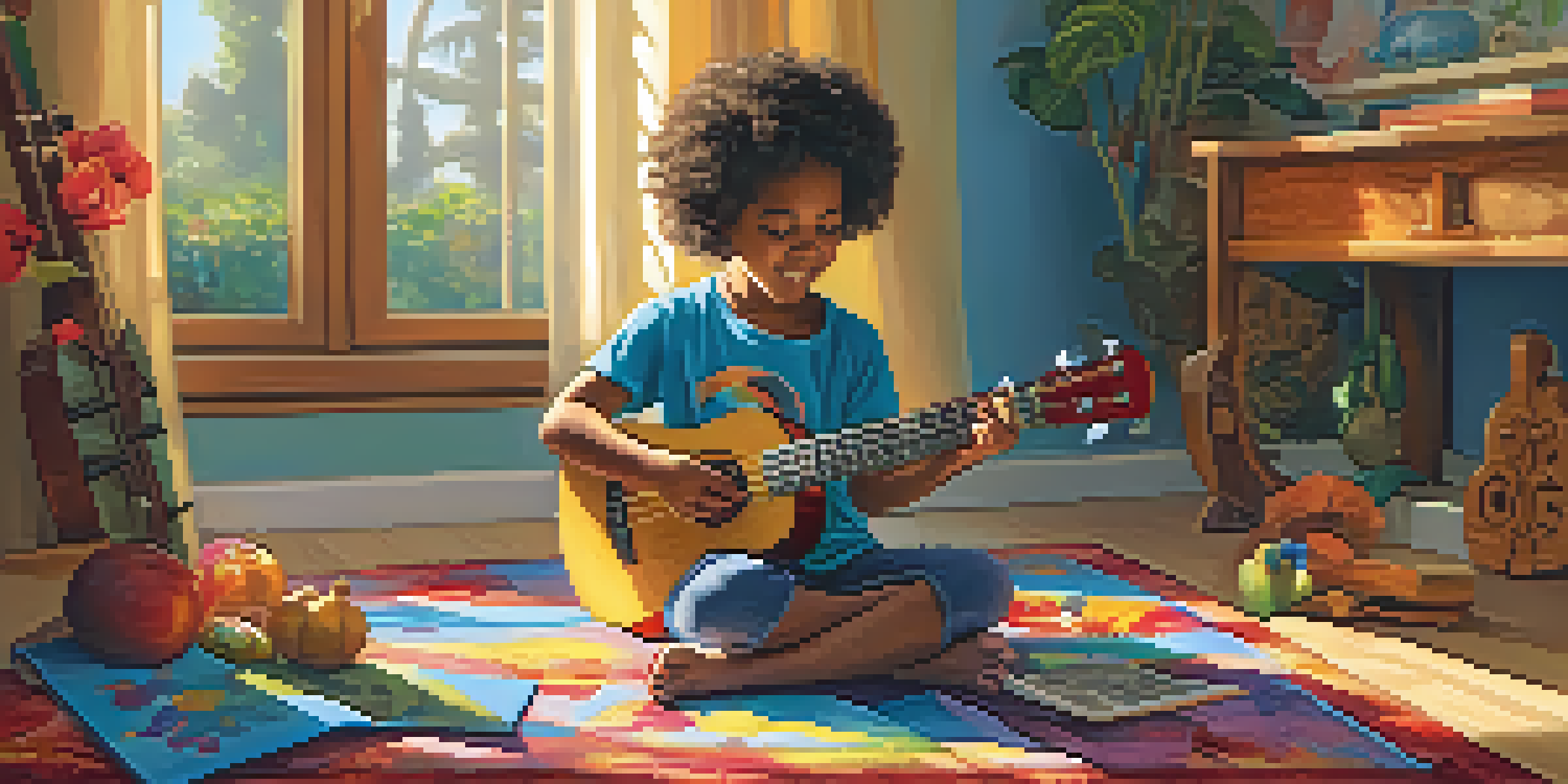 A child happily playing a soprano ukulele on a colorful rug, with sunlight streaming through a window and musical notes around them.