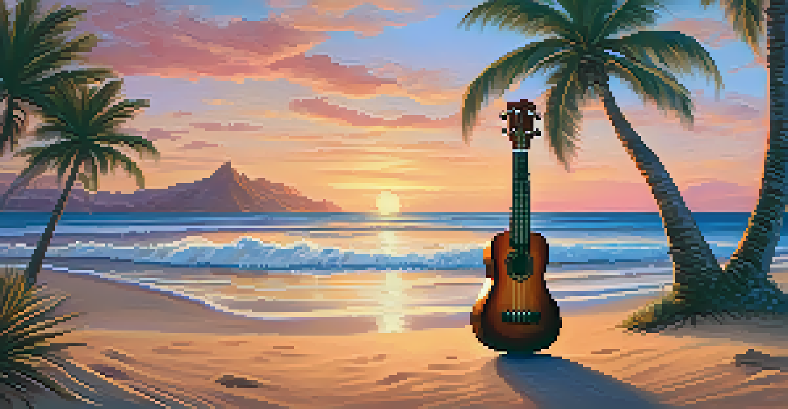 A tenor ukulele resting on the sand at a beach during sunset, with vibrant sunset colors reflecting on the ukulele and gentle waves in the background.