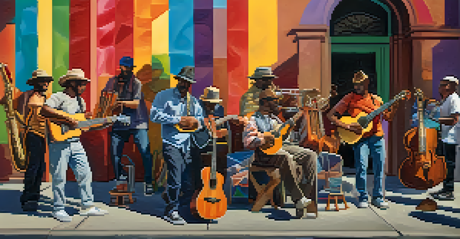 A diverse group of musicians performing on the street with a ukulele, guitar, and drums, amidst an enthusiastic crowd.