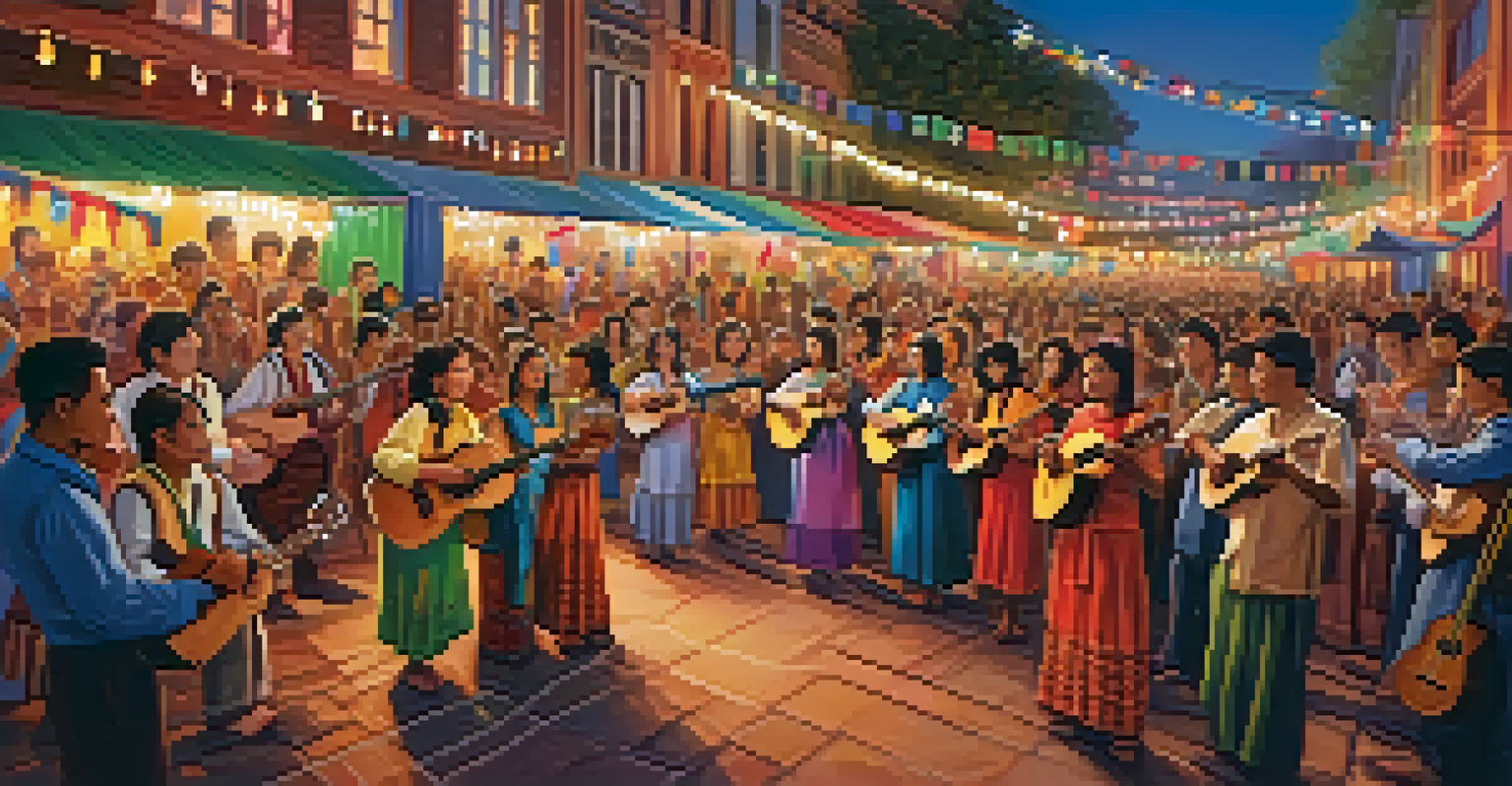A lively international ukulele festival with musicians in traditional attire performing on stage before an enthusiastic crowd.