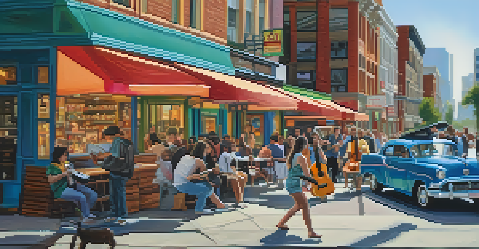 A musician playing a ukulele on a busy city sidewalk with pedestrians and storefronts in the background.