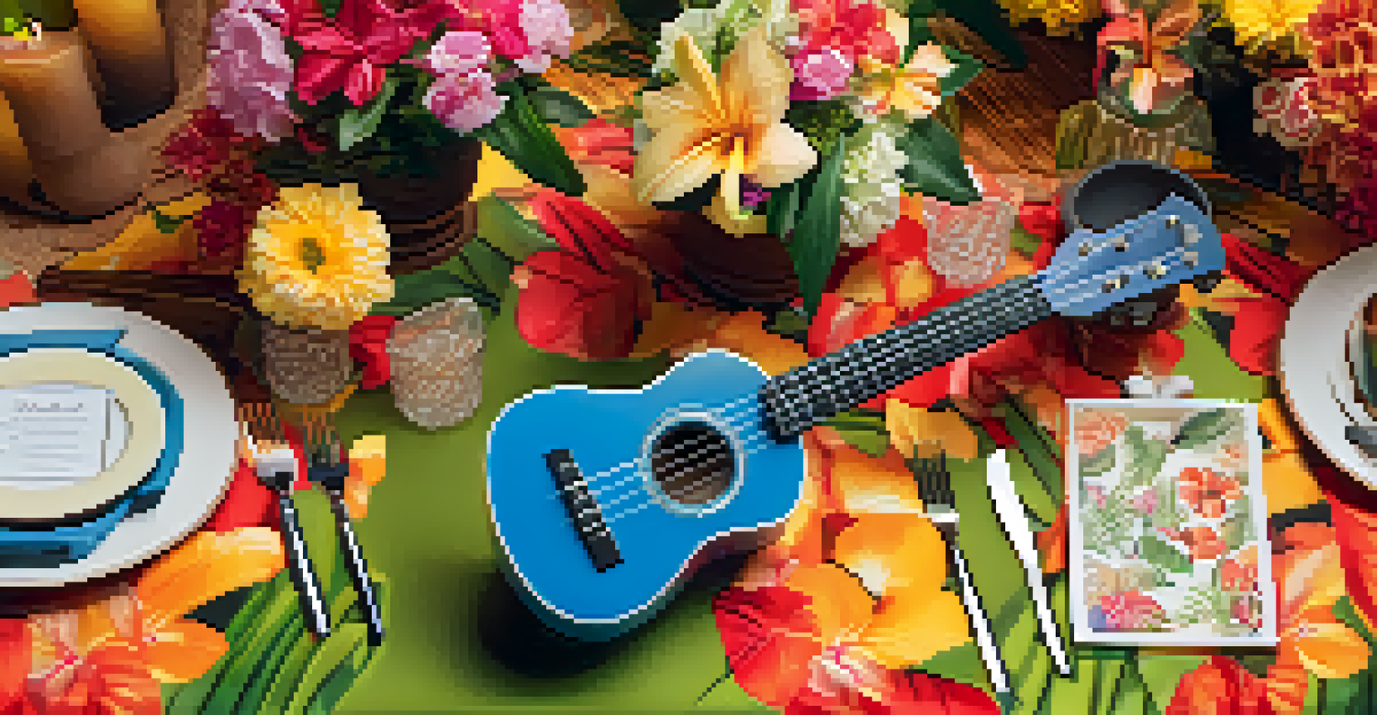 An inviting table display decorated with a tropical tablecloth, miniature ukuleles, flowers, and candles, creating a festive atmosphere.