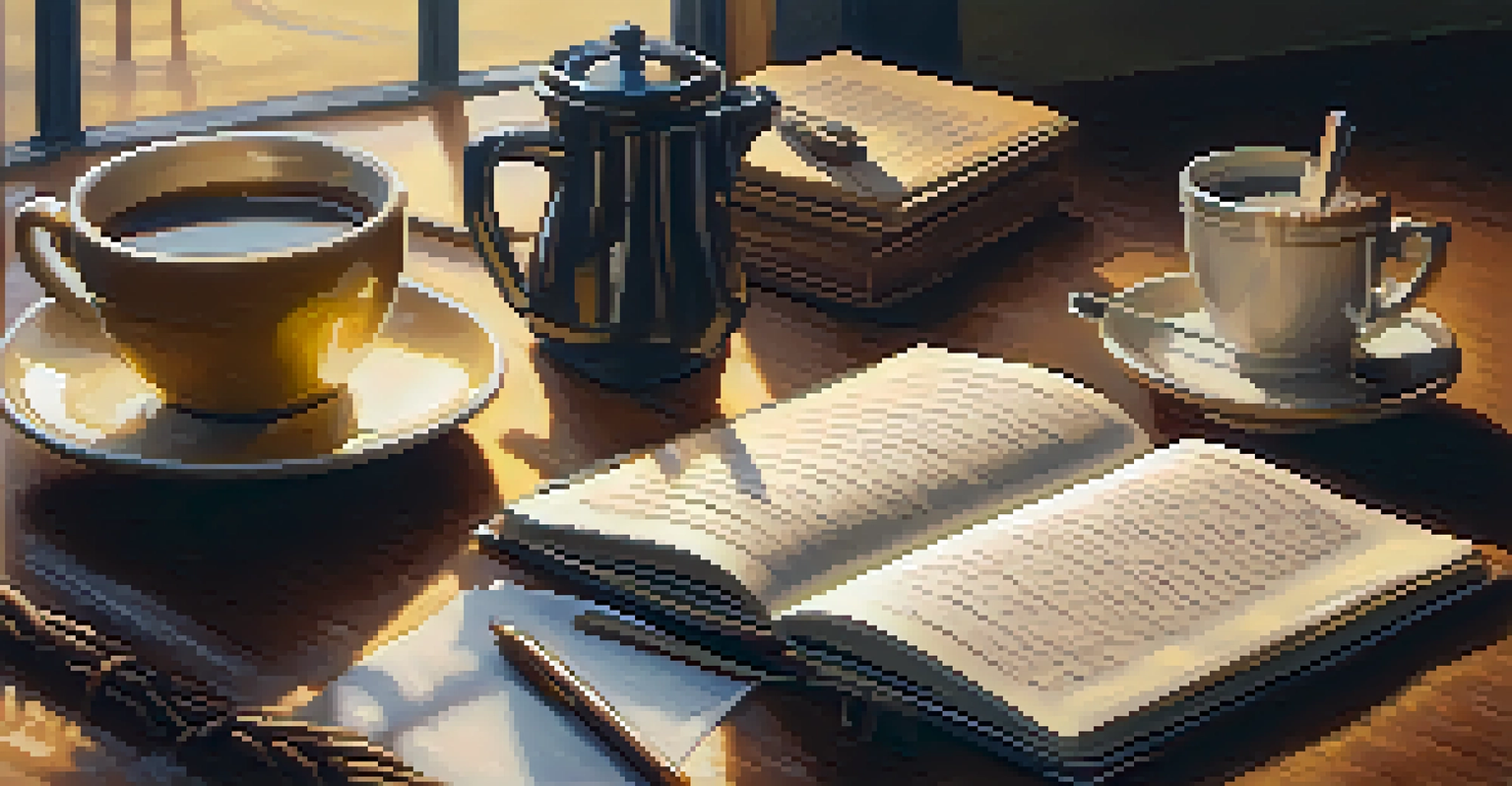 An open notebook with handwritten lyrics, a steaming cup of coffee, and a cozy blanket in warm light.