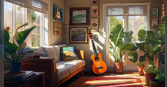 A person on a couch playing the ukulele in a cozy room filled with sunlight and music-related decor.
