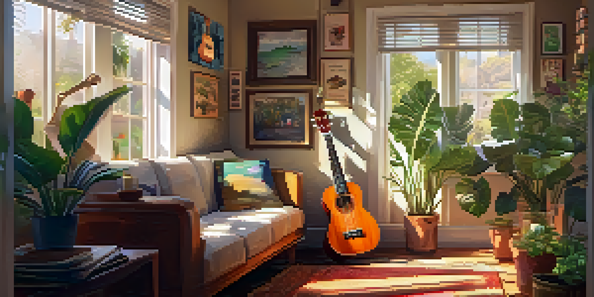 A person on a couch playing the ukulele in a cozy room filled with sunlight and music-related decor.