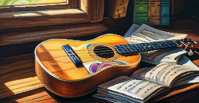 A close-up of a ukulele on a wooden table with sheet music and soft light from a window.