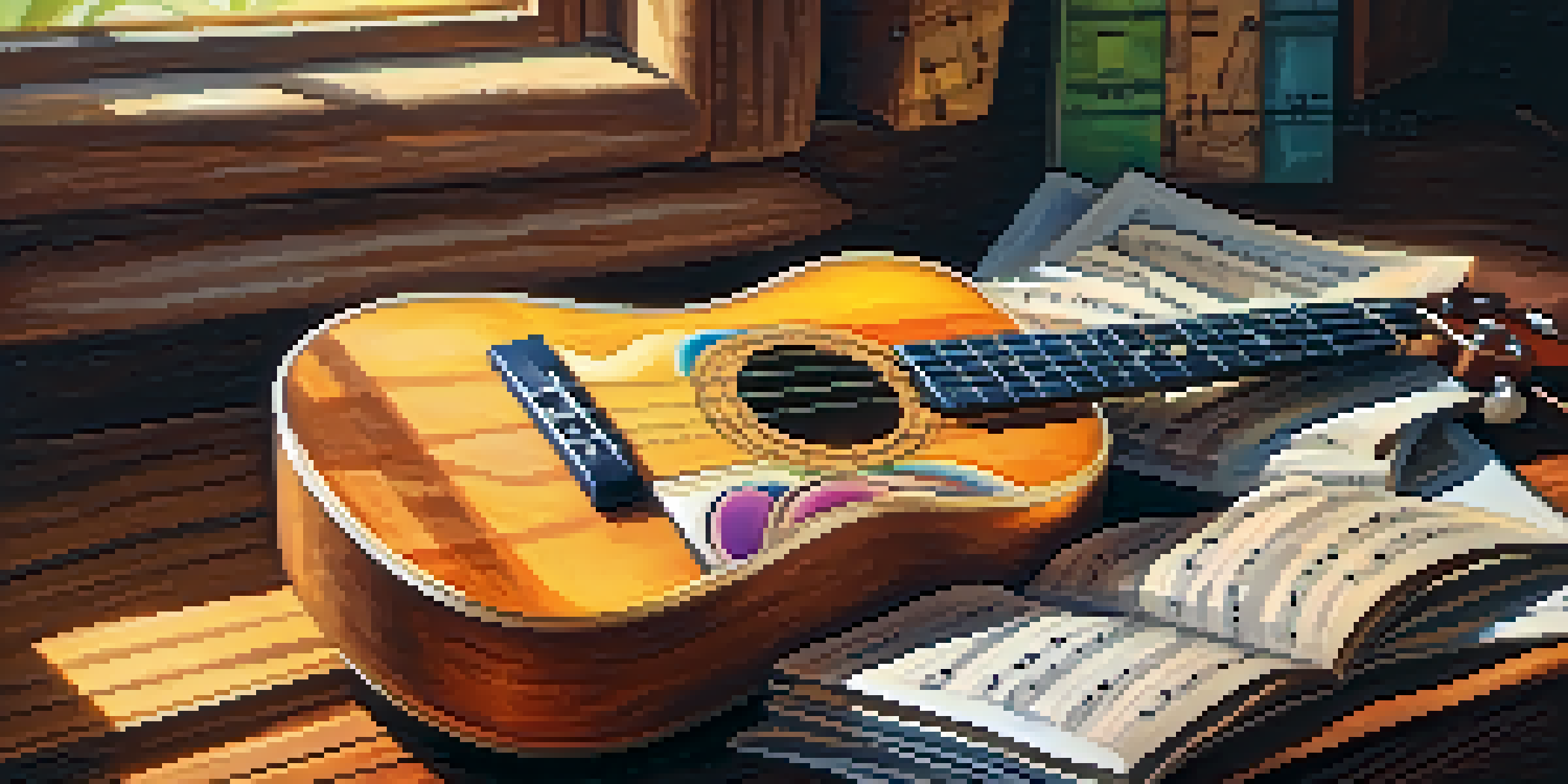 A close-up of a ukulele on a wooden table with sheet music and soft light from a window.