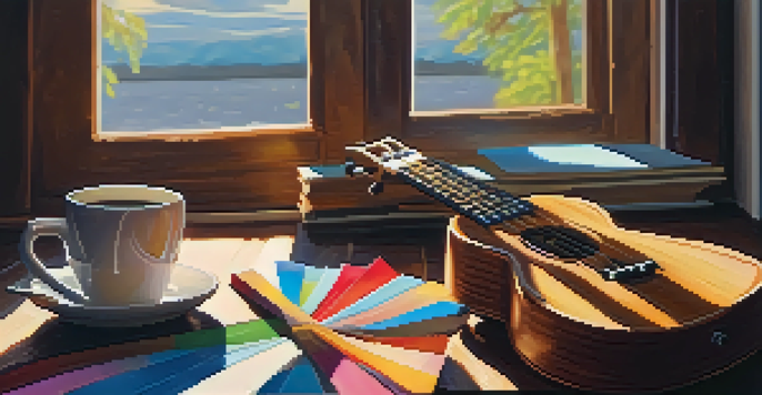 A close-up shot of a ukulele on a wooden table with music sheets and a cup of coffee, illuminated by warm sunlight.