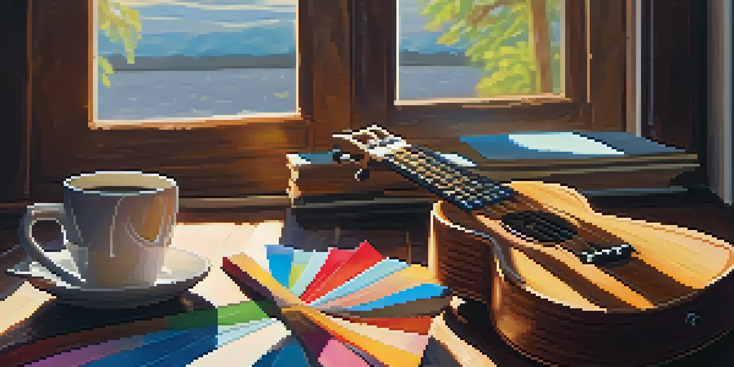 A close-up shot of a ukulele on a wooden table with music sheets and a cup of coffee, illuminated by warm sunlight.