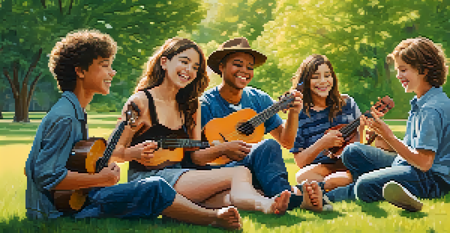 A joyful group of young musicians sitting on the grass in a park, playing ukuleles together, surrounded by nature.