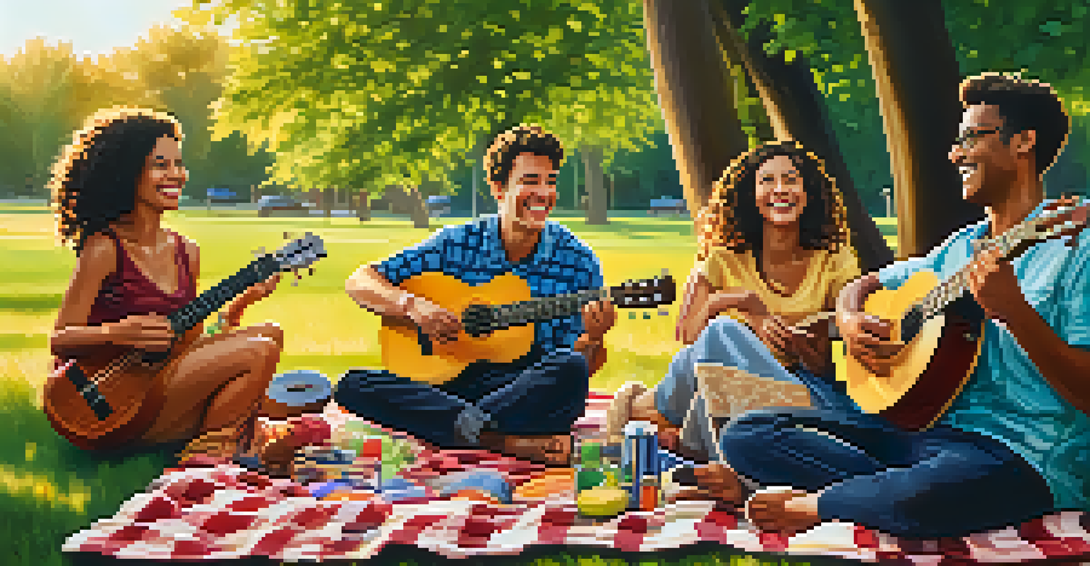 A group of friends in a park playing ukuleles together during a sunset, surrounded by green trees and picnic blankets.