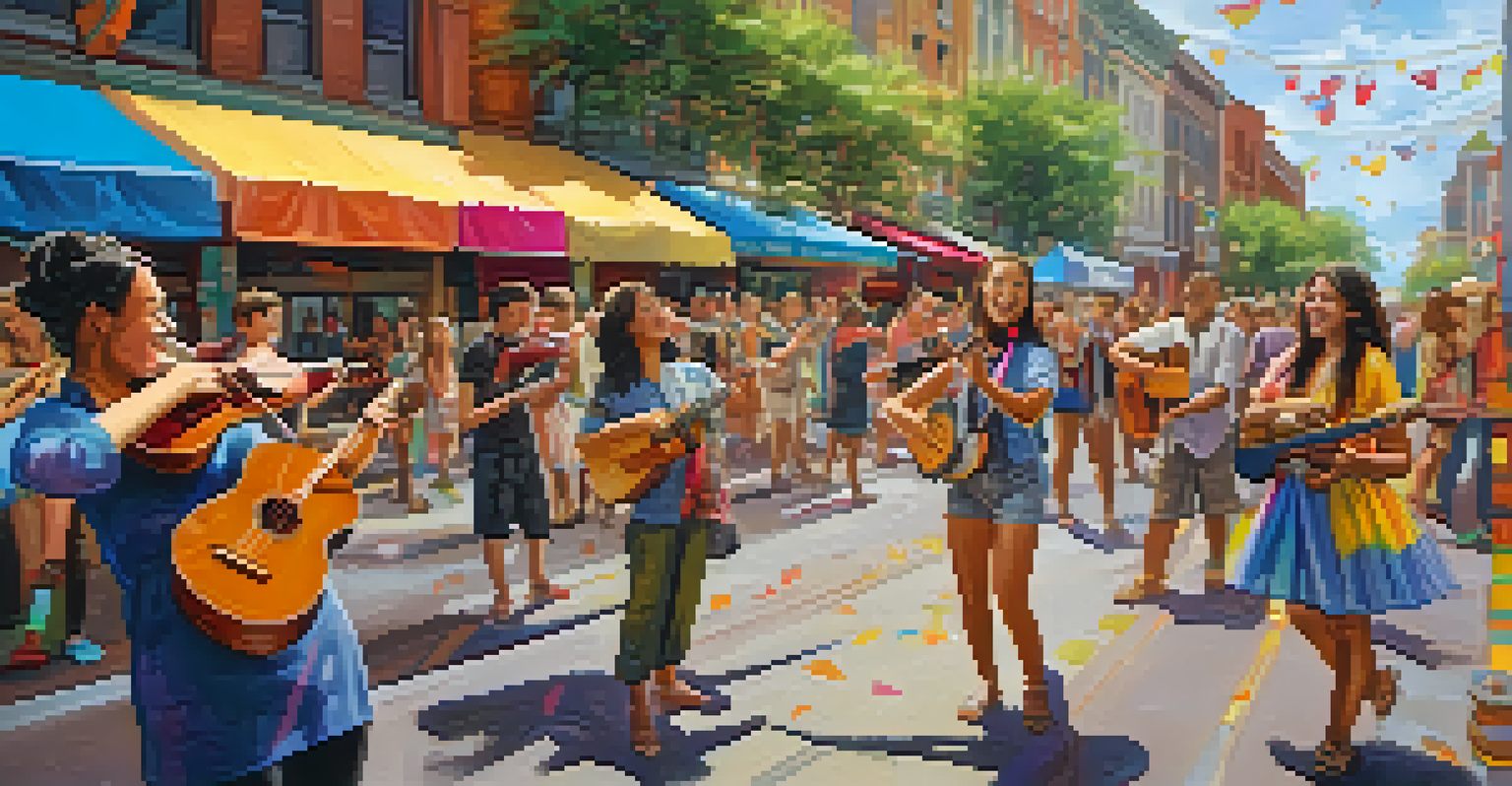 A street festival with musicians and a woman playing the ukulele in a colorful setting.