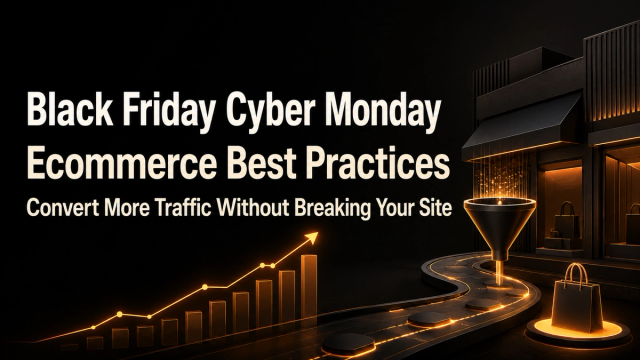 Abstract dark ecommerce storefront with a glowing checkout funnel and rising orange traffic chart, representing BFCM conversion optimization.