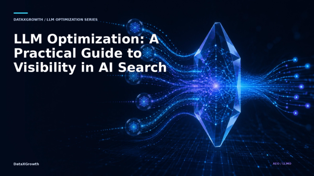 Abstract DataXGrowth illustration of source signals flowing through a transparent neural prism, representing LLM optimization and AI search visibility