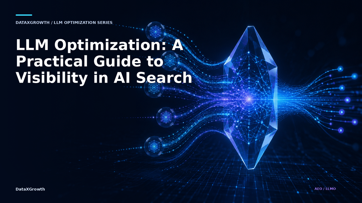 Abstract DataXGrowth illustration of source signals flowing through a transparent neural prism, representing LLM optimization and AI search visibility