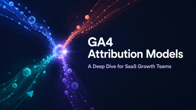 Four colored attribution paths converging into a glowing central signal beside the text "GA4 Attribution Models: A Deep Dive for SaaS Growth Teams."