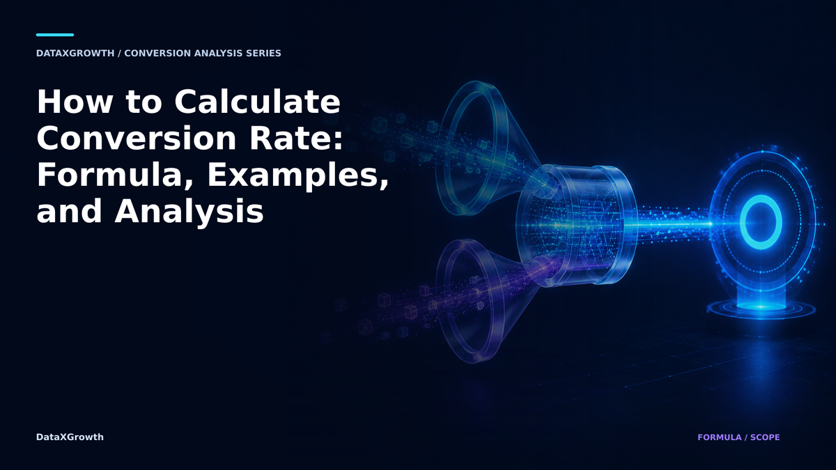 Abstract DataXGrowth illustration of conversion inputs passing through a ratio engine into a measured percentage, representing the conversion rate formula.
