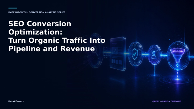 Abstract DataXGrowth illustration of organic search queries moving through landing pages and conversion signals into qualified pipeline and revenue.