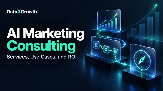 AI Marketing Consulting: Services, Use Cases, and ROI — DataXGrowth, with connected analytics, workflow, and strategy graphics.