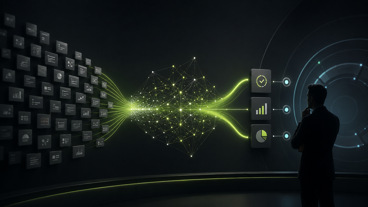 enterprise illustration showing standardized task cards flowing through an AI intelligence network into human-governed decisions. Dark graphite, lime green, and restrained cyan palette. No text, logos, robots, or generic AI imagery.