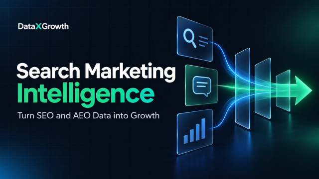 Search Marketing Intelligence: Turn SEO and AEO Data into Growth, with search, answer, and analytics signals converging into an arrow.