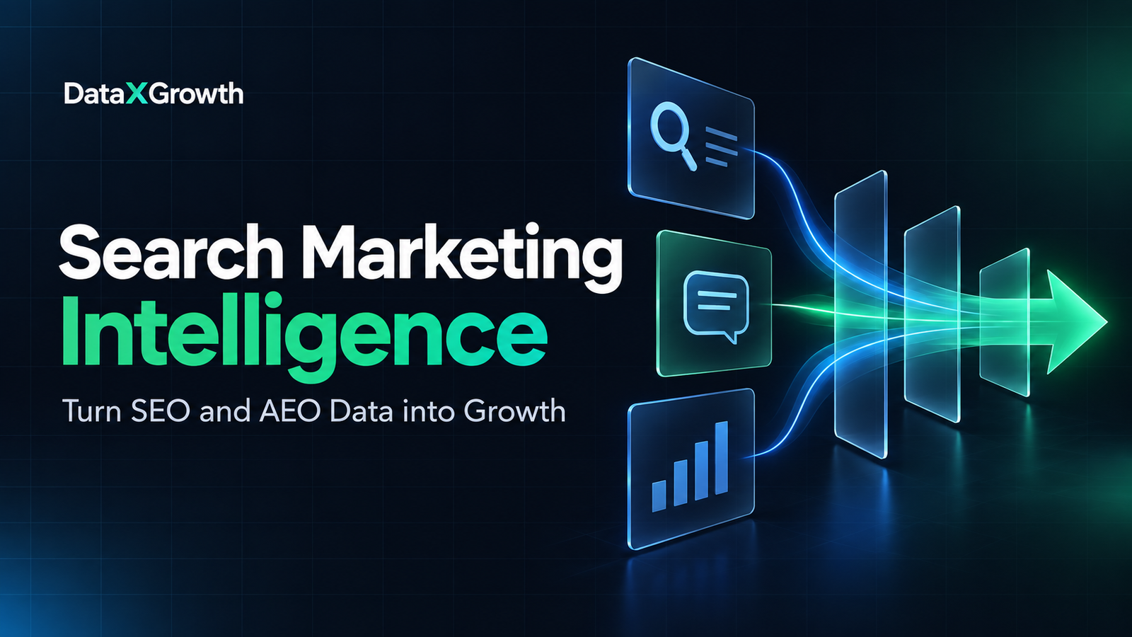 Search Marketing Intelligence: Turn SEO and AEO Data into Growth, with search, answer, and analytics signals converging into an arrow.