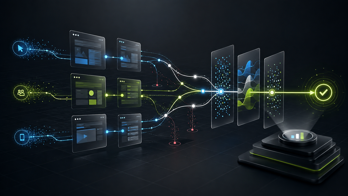 Multiple website journeys and behavioral data paths converging into a successful conversion.