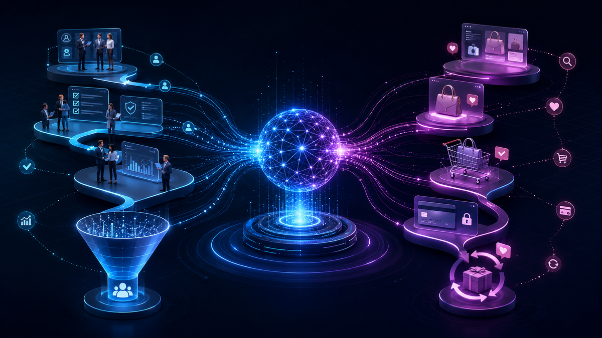 A multistep B2B buying journey and a faster D2C ecommerce purchase path connected through a central marketing intelligence network.