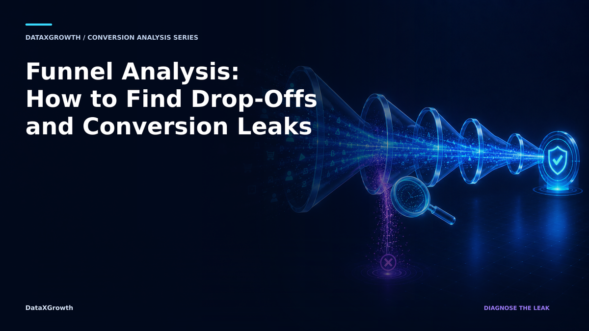 Abstract DataXGrowth illustration of a luminous conversion funnel with one highlighted drop-off point, representing funnel analysis and leak diagnosis.