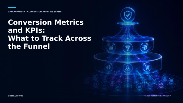 Abstract DataXGrowth illustration of a layered conversion KPI hierarchy connecting diagnostic signals to pipeline and revenue outcomes.