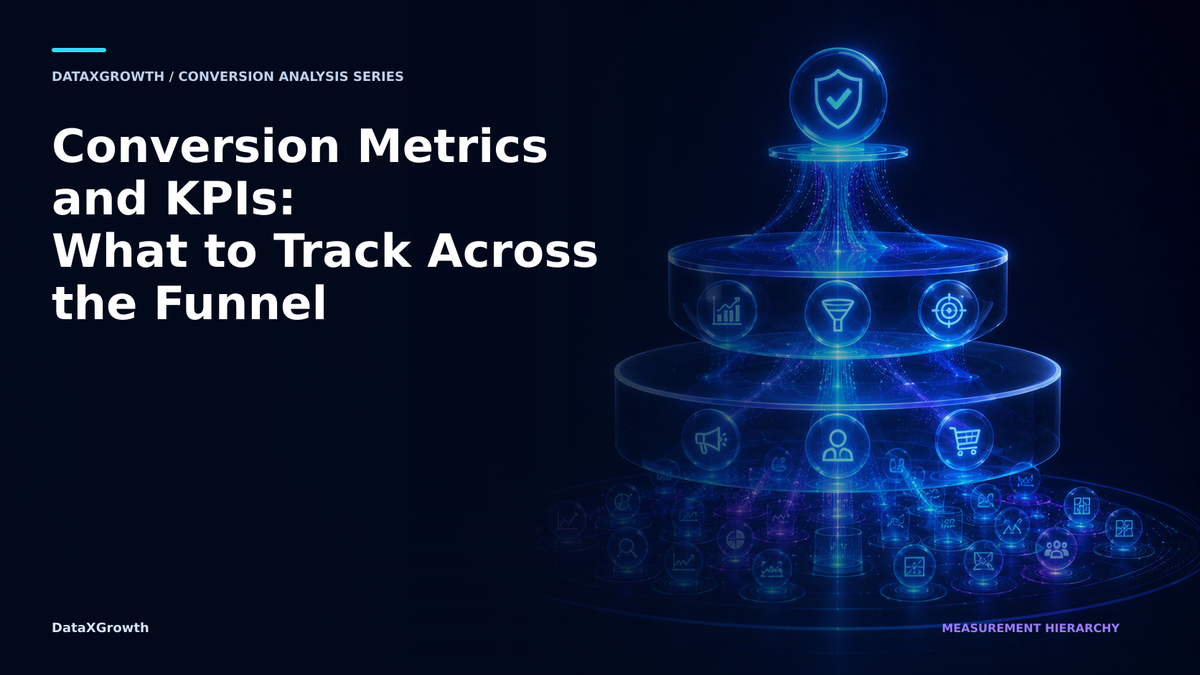 Abstract DataXGrowth illustration of a layered conversion KPI hierarchy connecting diagnostic signals to pipeline and revenue outcomes.