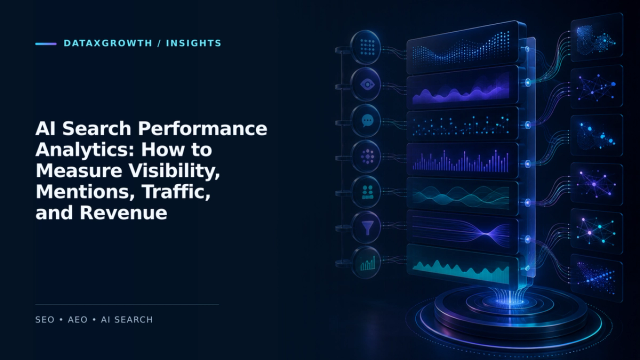AI Search Performance Analytics: How to Measure Visibility, Mentions, Traffic, and Revenue — Alt: Layered AI-search analytics console separating visibility, mentions, citations, referrals and outcomes.