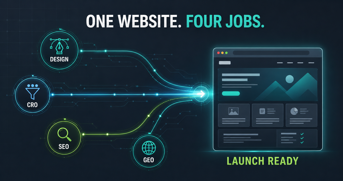 Design, CRO, SEO, and GEO workflows converging into a launch-ready website redesign.