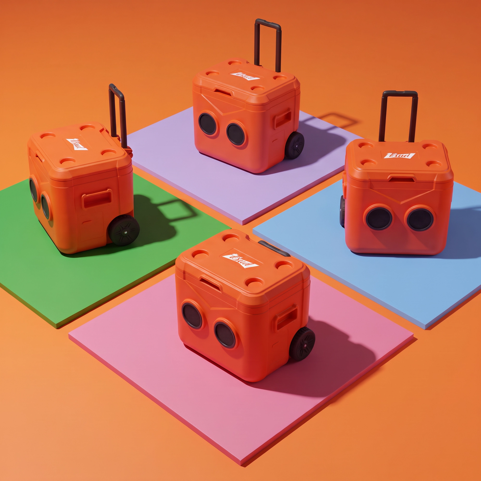 Four orange Bud cool boxes on coloured squares